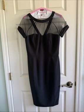 Maggy London Black Midi Sheath Dress with Mesh Yoke